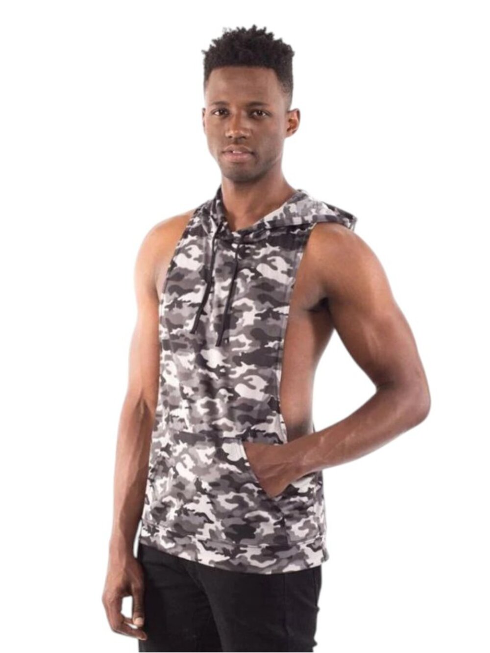 BILT Men L Gray Camo Sleeveless Hoodie Pullover Gym Tank Top Activewear USA Made